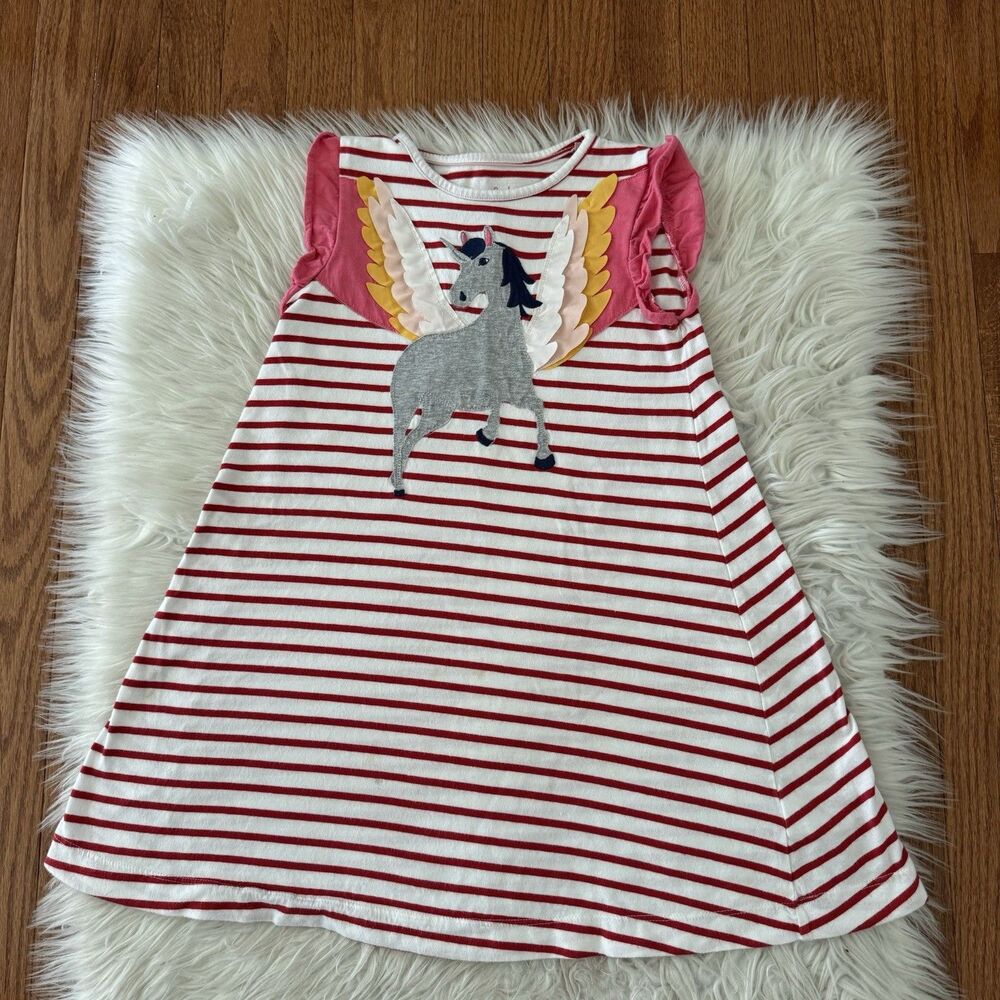 Mini Boden Unicorn Dress Girls 7/8Y Striped Ruffle Short Sleeve Red White Pink